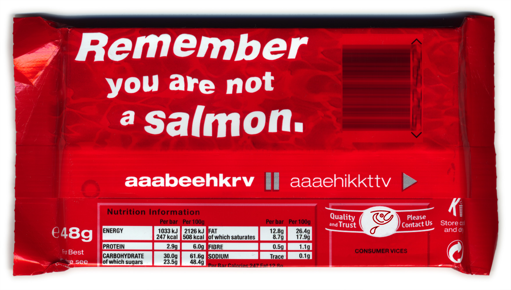 Remember you are not a salmon - choc bar wrapper